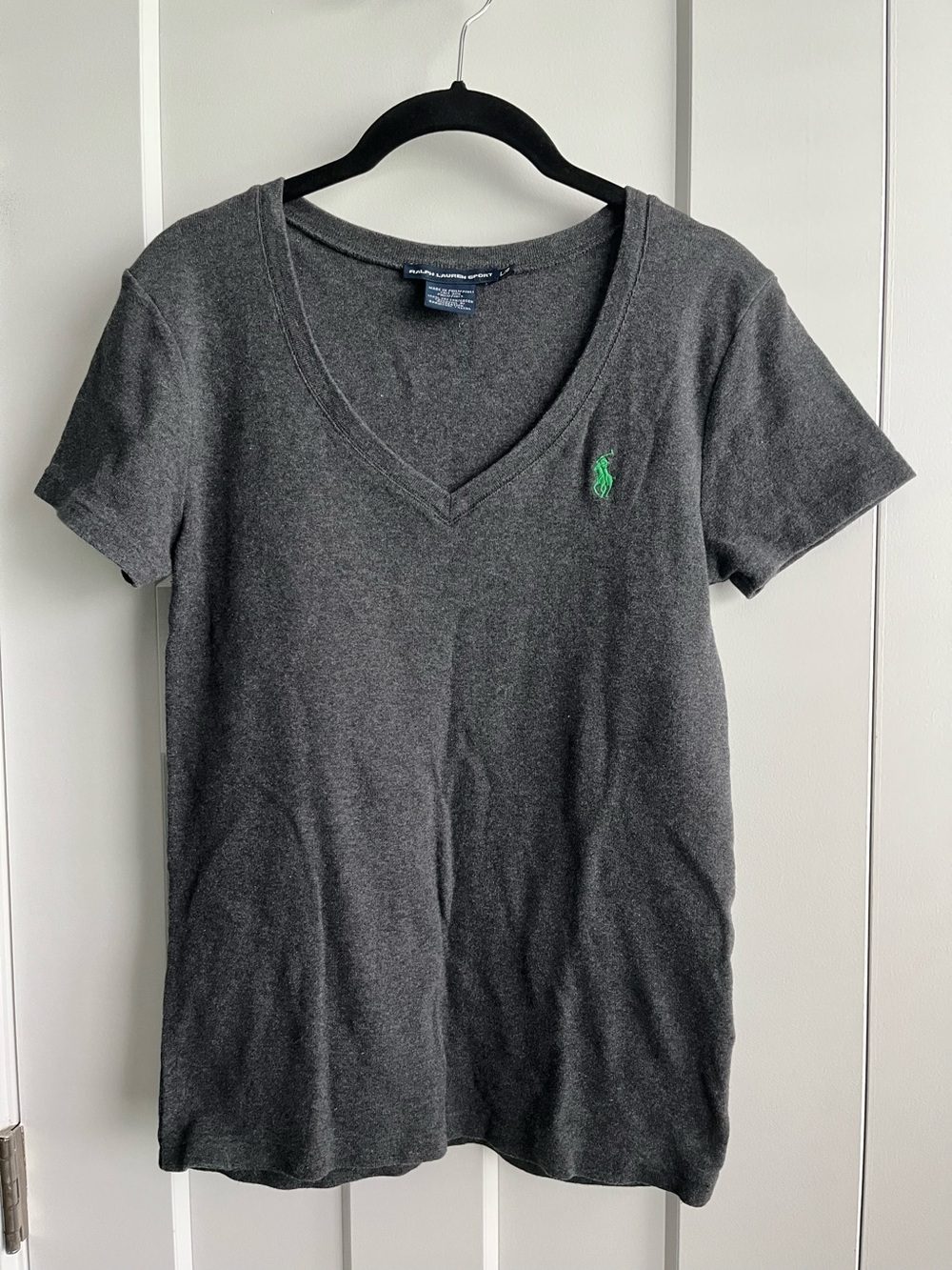 Ralph Lauren Sport Charcoal V-Neck Tee with Green Pony Logo Sz Lg